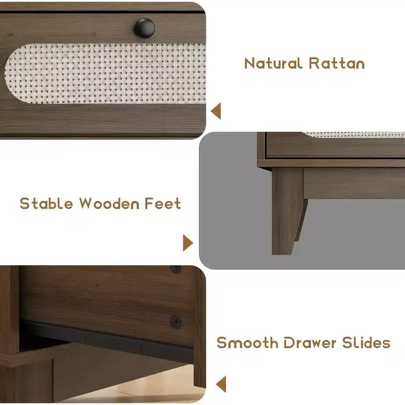 3-Drawer Wood Dresser, Rattan Nightstand Bedside Table for Bedroom, Living Room, Entryway