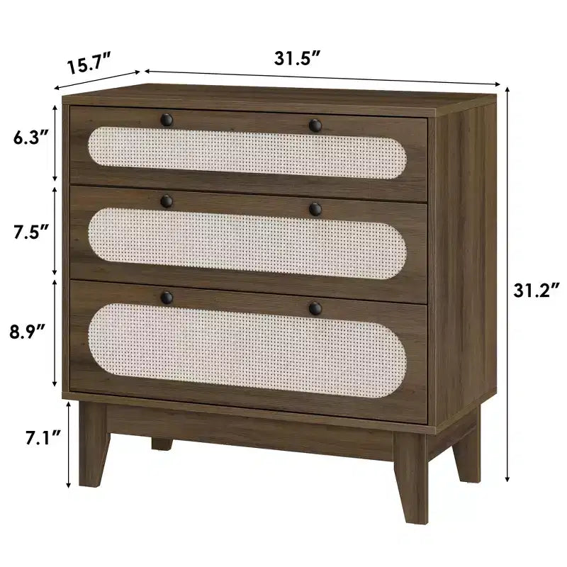 3-Drawer Wood Dresser, Rattan Nightstand Bedside Table for Bedroom, Living Room, Entryway