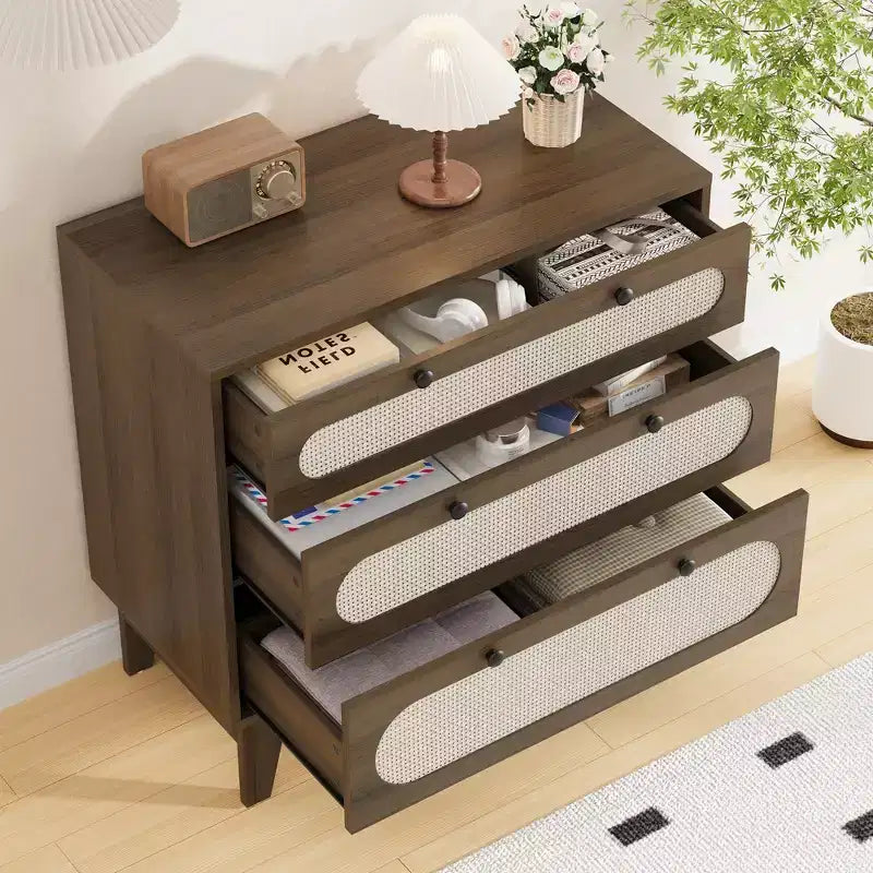 3-Drawer Wood Dresser, Rattan Nightstand Bedside Table for Bedroom, Living Room, Entryway
