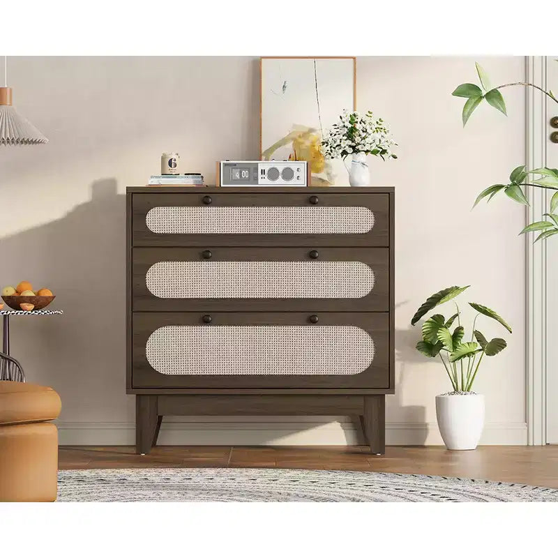 3-Drawer Wood Dresser, Rattan Nightstand Bedside Table for Bedroom, Living Room, Entryway