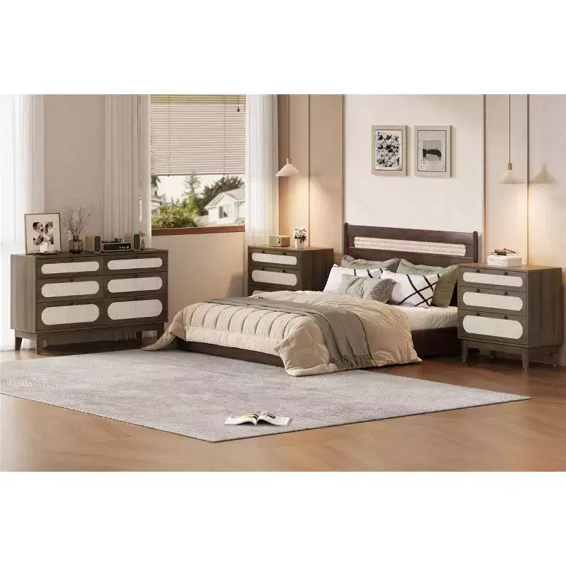 3-Drawer Wood Dresser, Rattan Nightstand Bedside Table for Bedroom, Living Room, Entryway