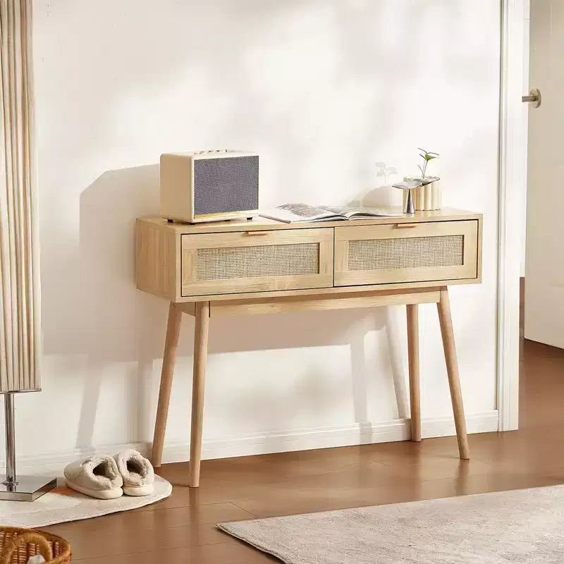 Rattan Console Table with 2 Storage Drawers and Sliding Door, Natural