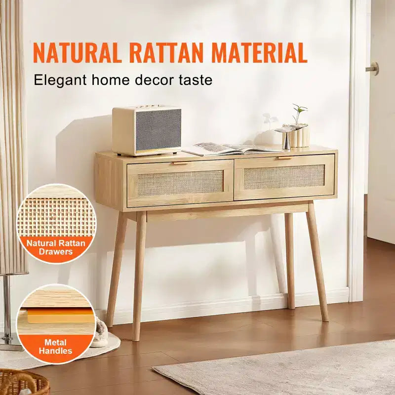 Rattan Console Table with 2 Storage Drawers and Sliding Door, Natural