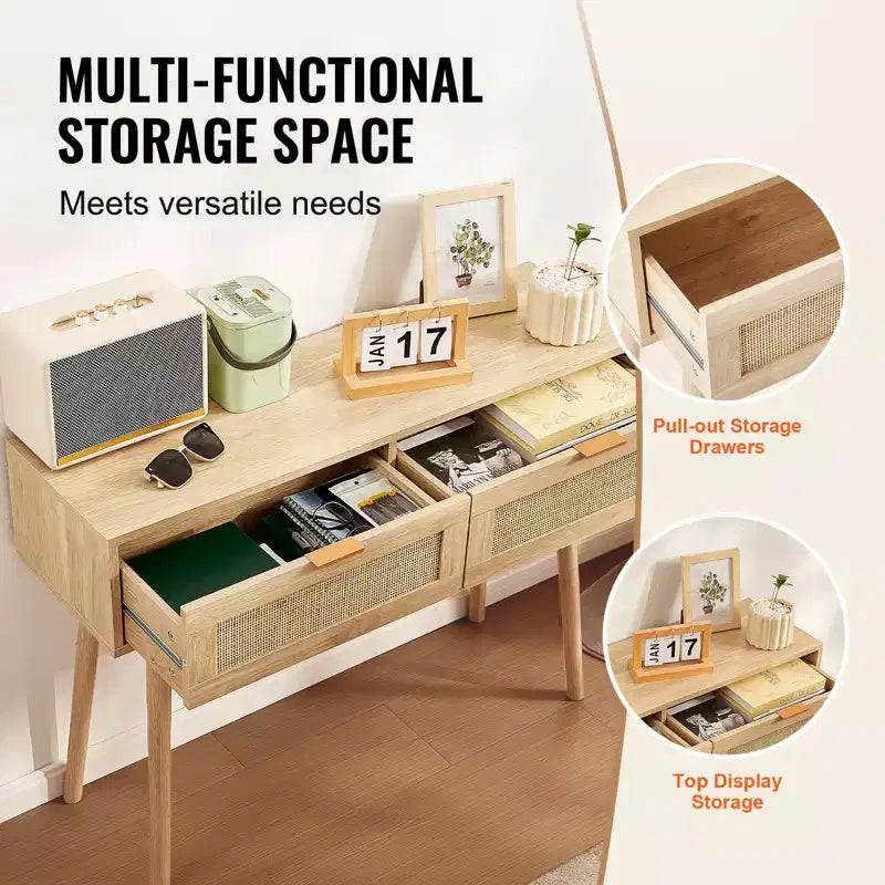 Rattan Console Table with 2 Storage Drawers and Sliding Door, Natural
