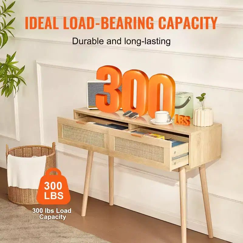 Rattan Console Table with 2 Storage Drawers and Sliding Door, Natural