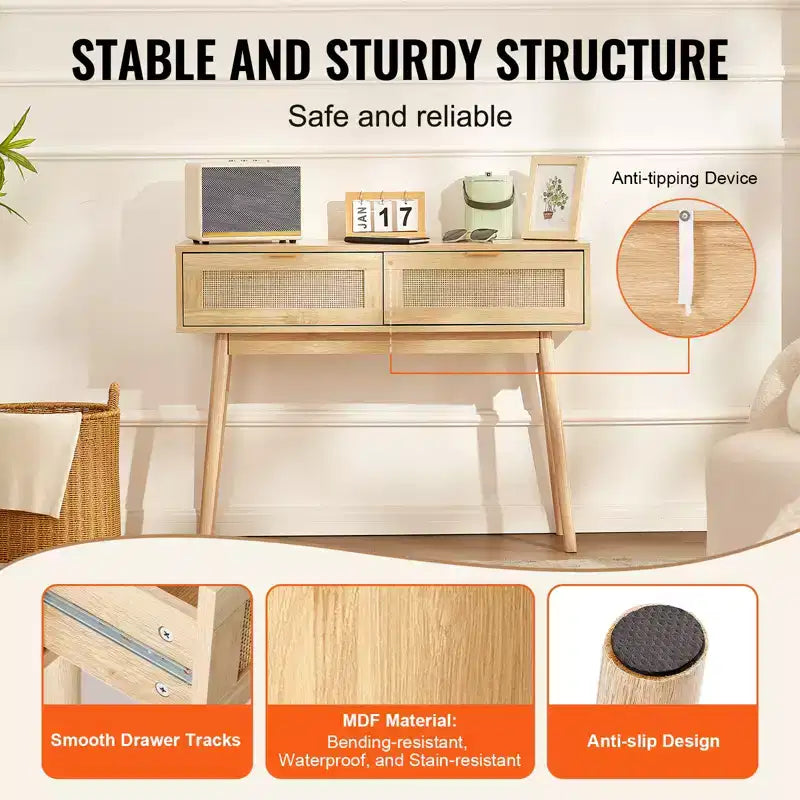 Rattan Console Table with 2 Storage Drawers and Sliding Door, Natural