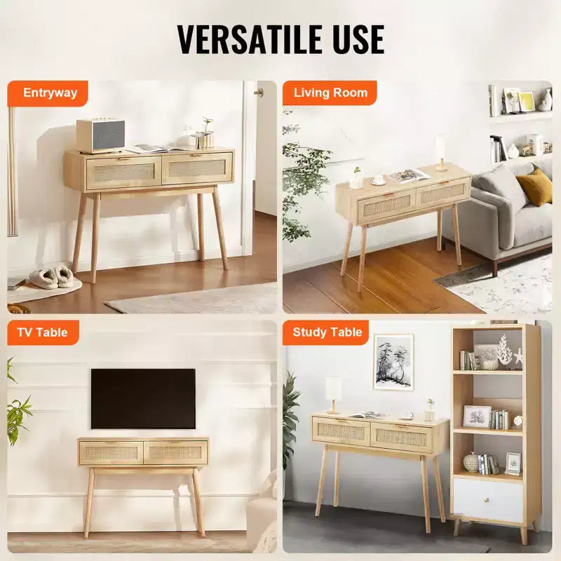 Rattan Console Table with 2 Storage Drawers and Sliding Door, Natural