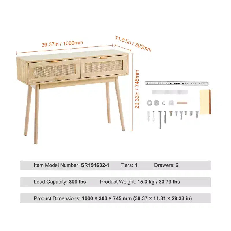 Rattan Console Table with 2 Storage Drawers and Sliding Door, Natural