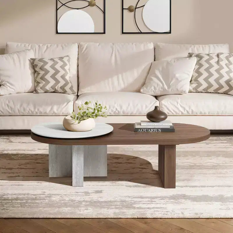 Travertine-Style and Walnut Finish MDF Oval Coffee Table, Brown