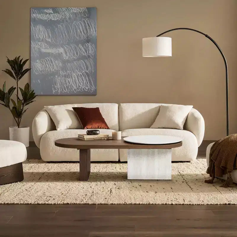 Travertine-Style and Walnut Finish MDF Oval Coffee Table, Brown