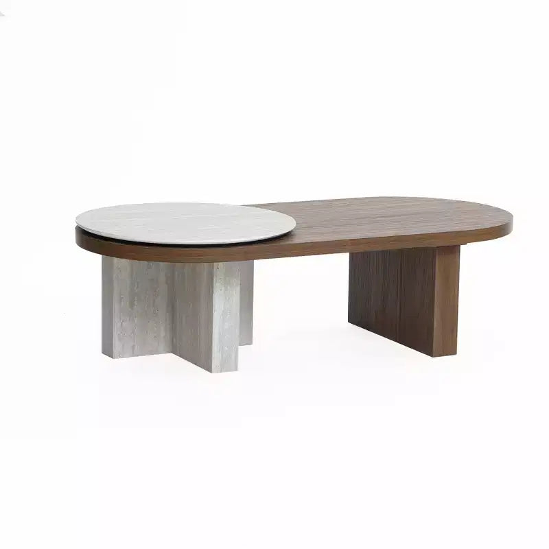 Travertine-Style and Walnut Finish MDF Oval Coffee Table, Brown