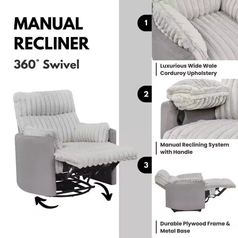 Wide Wale Corduroy Manual Recliner with 360° Swivel