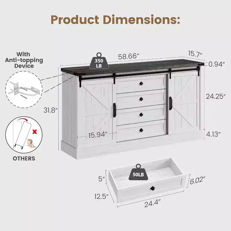 Farmhouse 4-Drawer Dresser, 59" with Sliding Barn Doors and Bar Handles, for Bedroom and Living Room