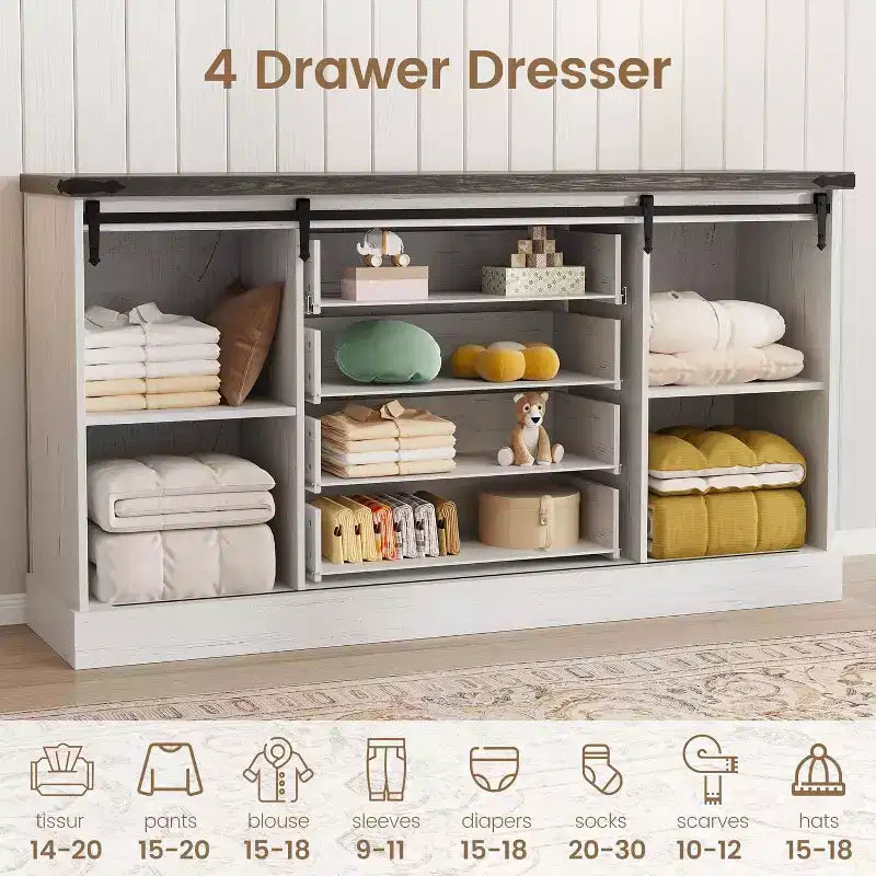 Farmhouse 4-Drawer Dresser, 59" with Sliding Barn Doors and Bar Handles, for Bedroom and Living Room