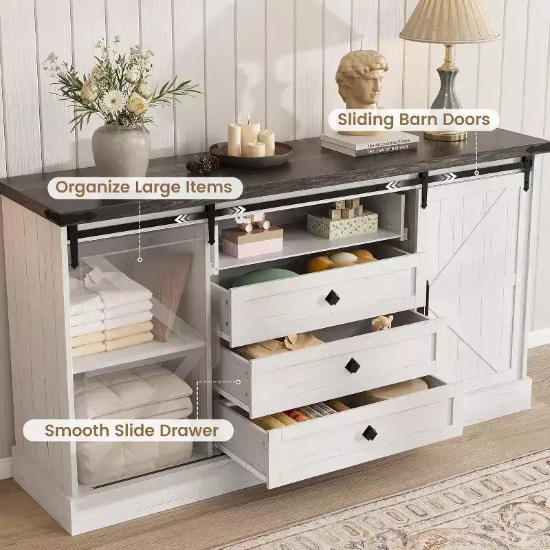 Farmhouse 4-Drawer Dresser, 59" with Sliding Barn Doors and Bar Handles, for Bedroom and Living Room