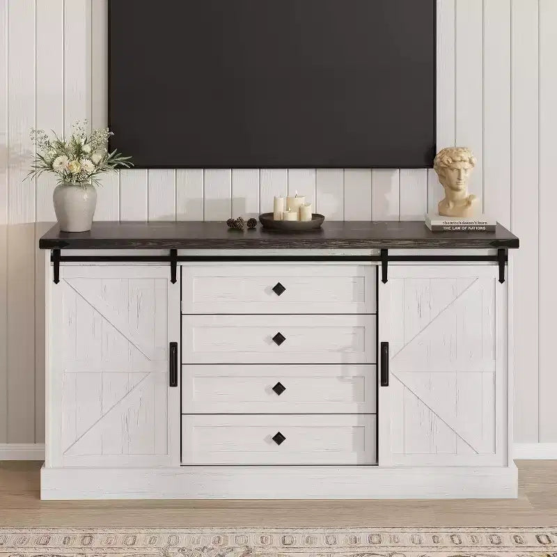Farmhouse 4-Drawer Dresser, 59" with Sliding Barn Doors and Bar Handles, for Bedroom and Living Room