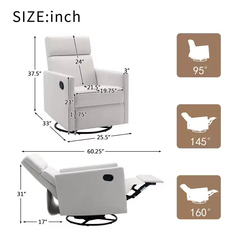 Modern Upholstered Glider Swivel Recliner Chair for Bedroom and Nursery