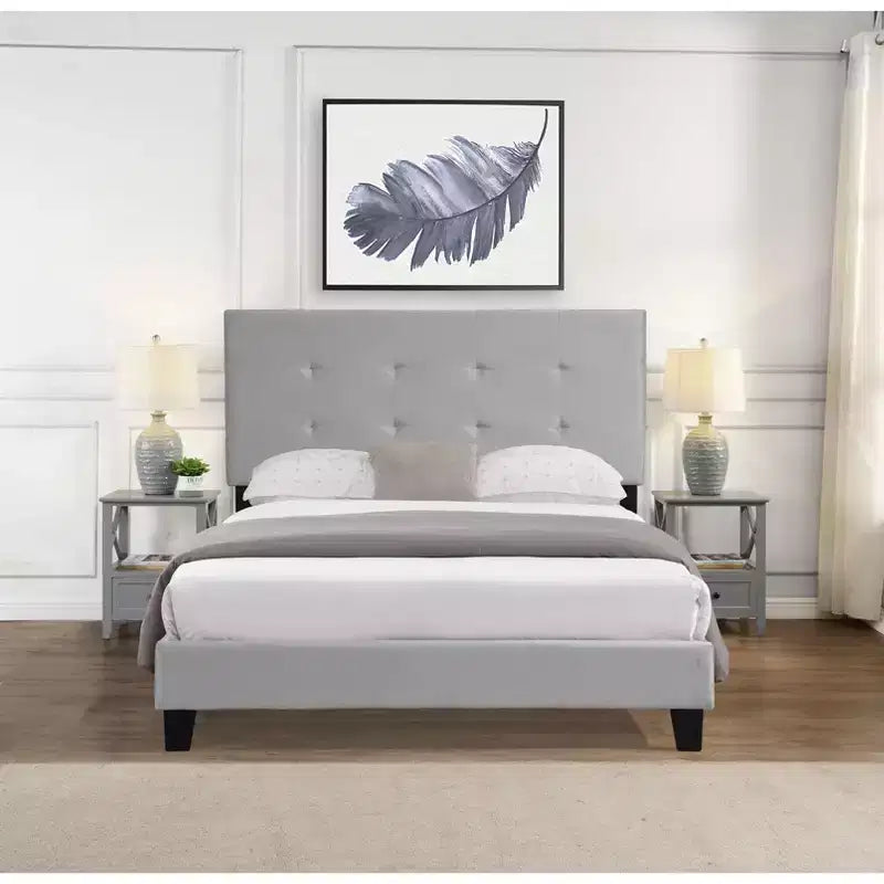 Full Bed Frame with Pull-Point Tufted Headboard, Upholstered Platform Bed with Wood Slat Support, Gray