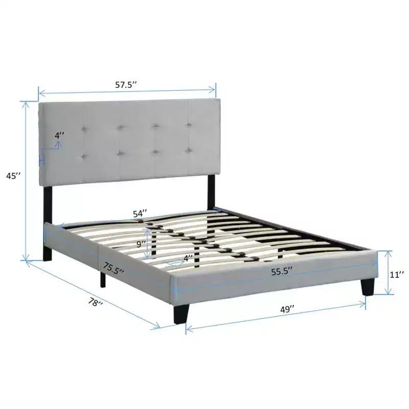 Full Bed Frame with Pull-Point Tufted Headboard, Upholstered Platform Bed with Wood Slat Support, Gray