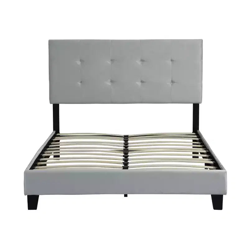 Full Bed Frame with Pull-Point Tufted Headboard, Upholstered Platform Bed with Wood Slat Support, Gray