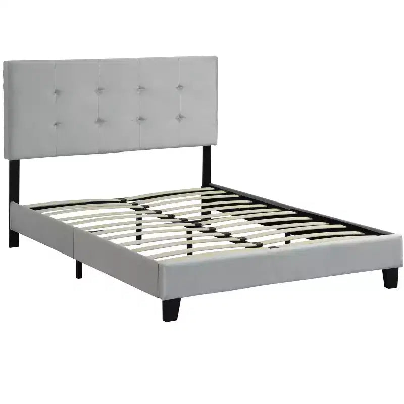 Full Bed Frame with Pull-Point Tufted Headboard, Upholstered Platform Bed with Wood Slat Support, Gray