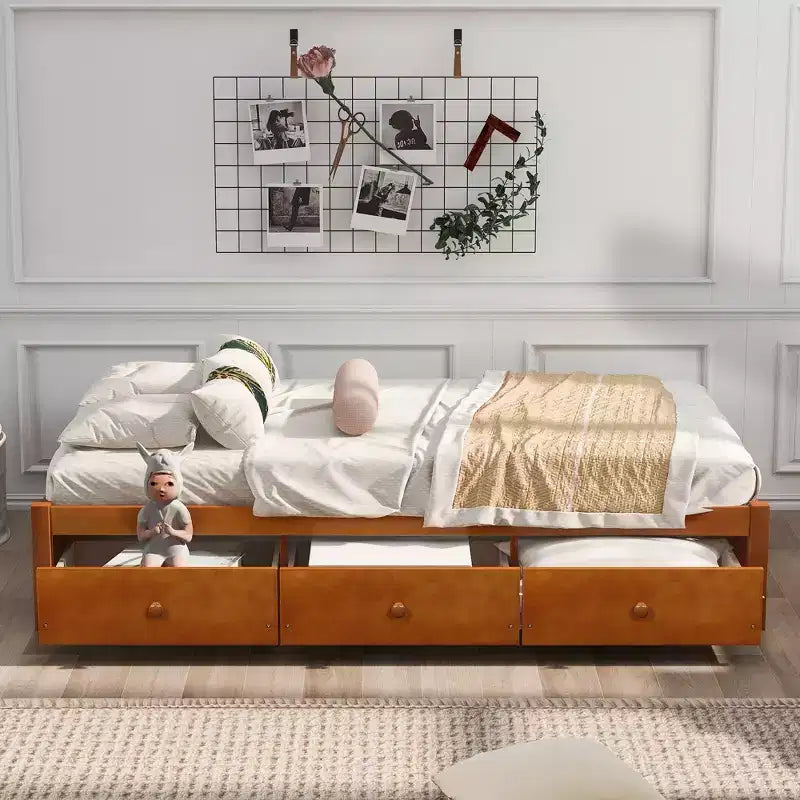 Twin Size Platform Bed with 3 Storage Drawers, Solid Pine Wood