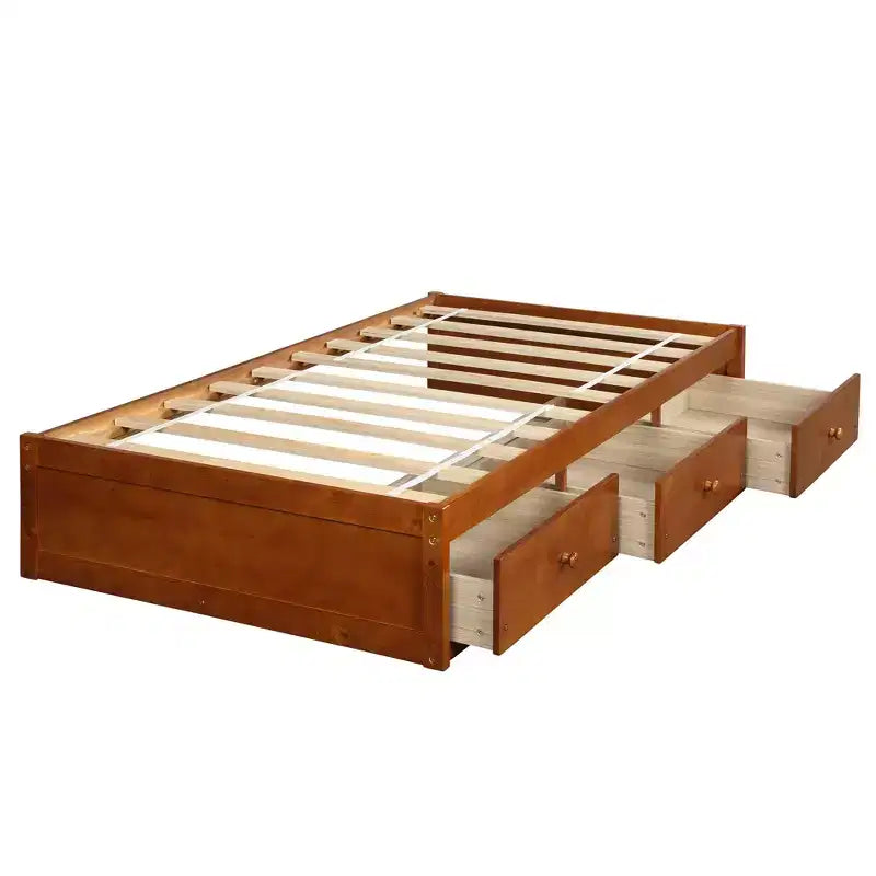 Twin Size Platform Bed with 3 Storage Drawers, Solid Pine Wood