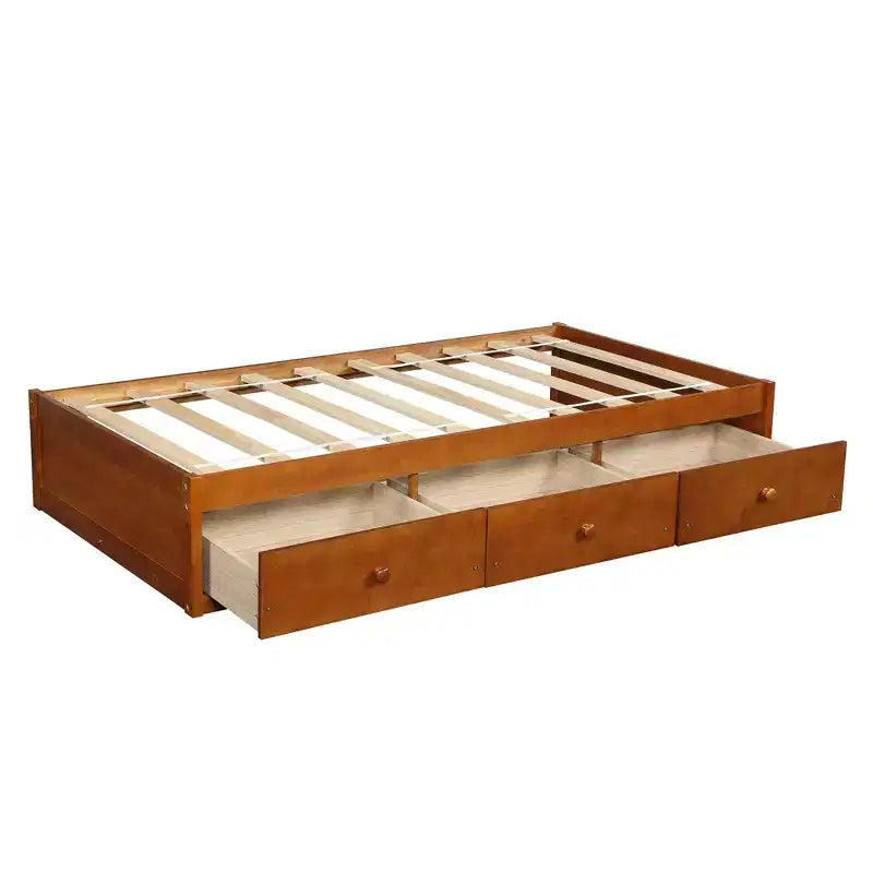 Twin Size Platform Bed with 3 Storage Drawers, Solid Pine Wood