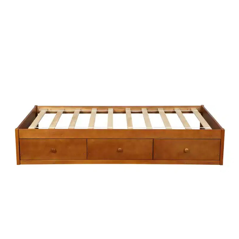 Twin Size Platform Bed with 3 Storage Drawers, Solid Pine Wood