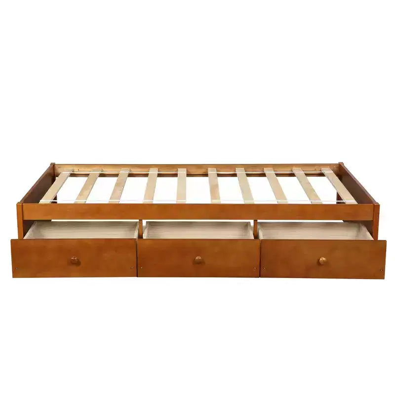 Twin Size Platform Bed with 3 Storage Drawers, Solid Pine Wood