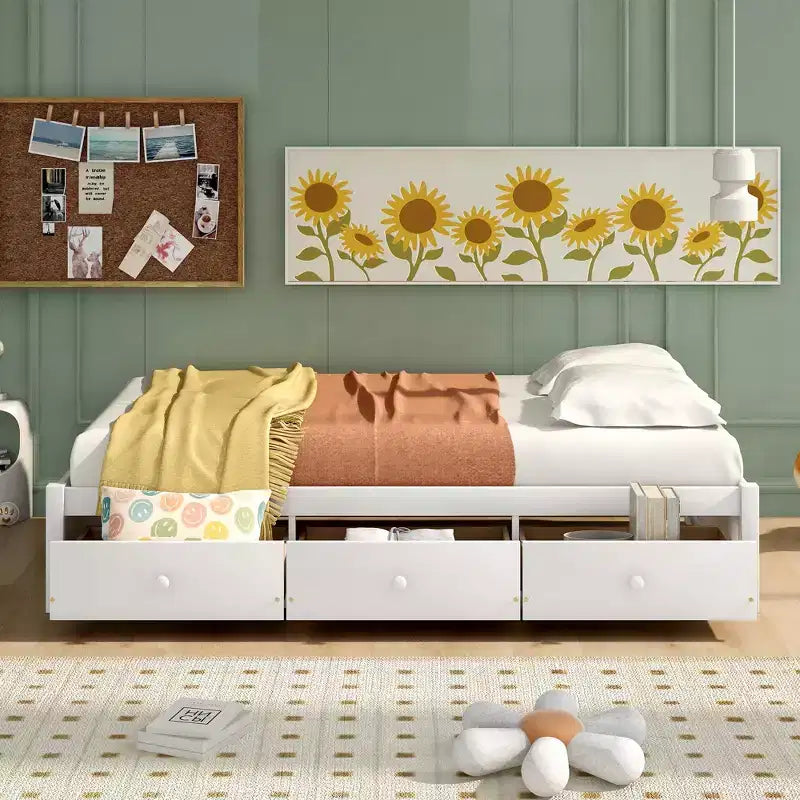 Twin Size Platform Bed with 3 Storage Drawers, Solid Pine Wood