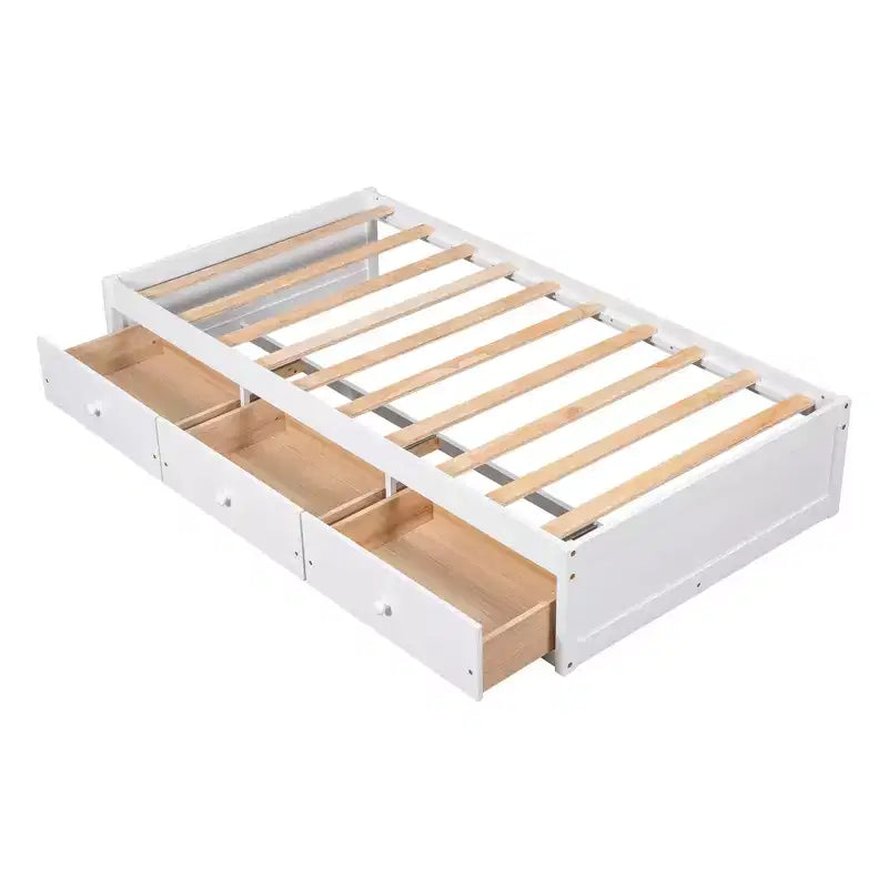 Twin Size Platform Bed with 3 Storage Drawers, Solid Pine Wood