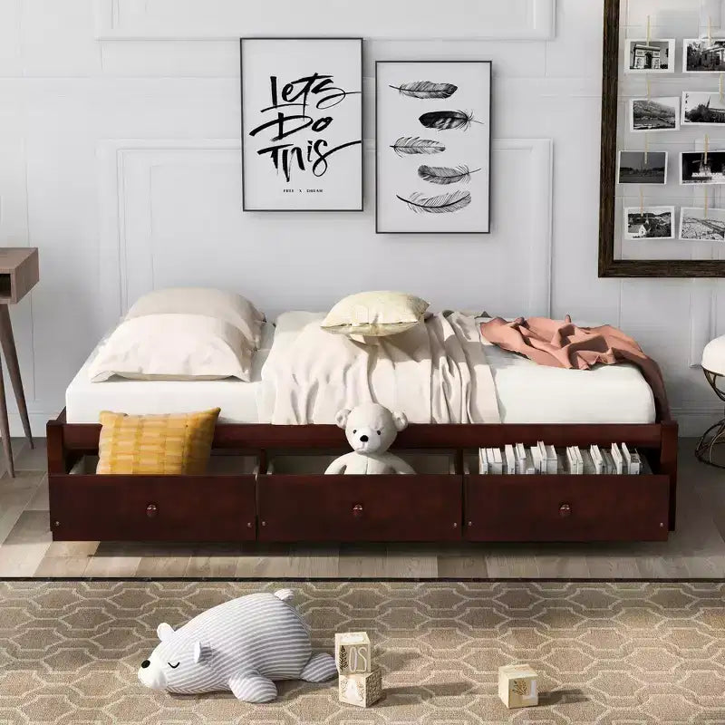 Twin Size Platform Bed with 3 Storage Drawers, Solid Pine Wood