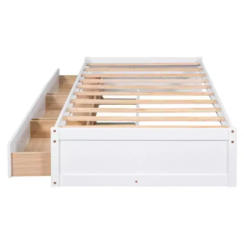 Twin Size Platform Bed with 3 Storage Drawers, Solid Pine Wood