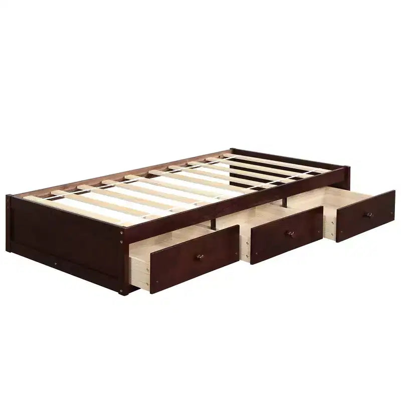 Twin Size Platform Bed with 3 Storage Drawers, Solid Pine Wood
