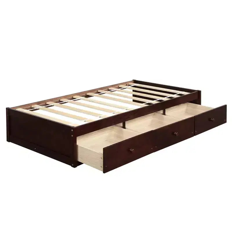 Twin Size Platform Bed with 3 Storage Drawers, Solid Pine Wood