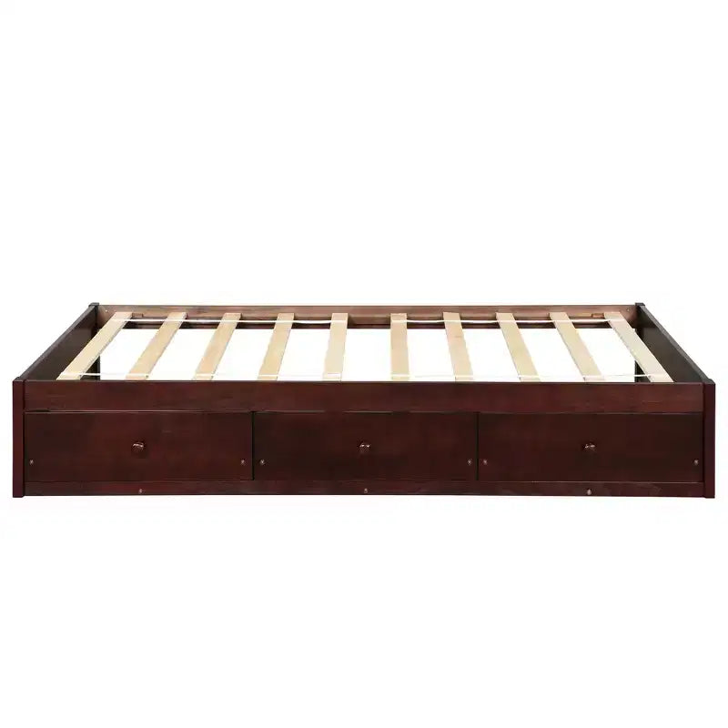 Twin Size Platform Bed with 3 Storage Drawers, Solid Pine Wood