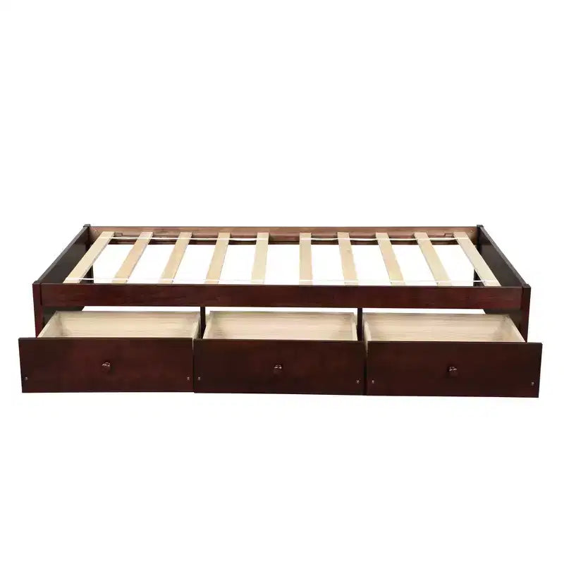 Twin Size Platform Bed with 3 Storage Drawers, Solid Pine Wood