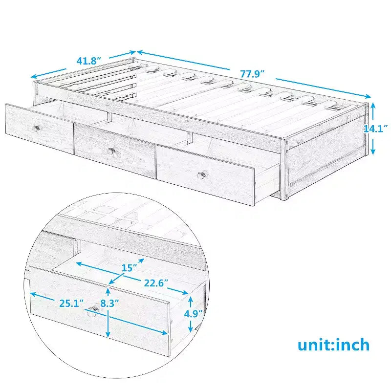 Twin Size Platform Bed with 3 Storage Drawers, Solid Pine Wood