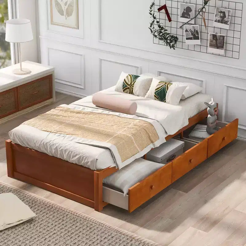 Twin Size Platform Bed with 3 Storage Drawers, Solid Pine Wood