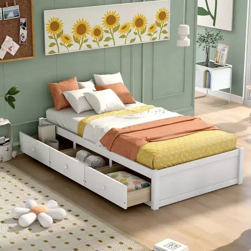 Twin Size Platform Bed with 3 Storage Drawers, Solid Pine Wood