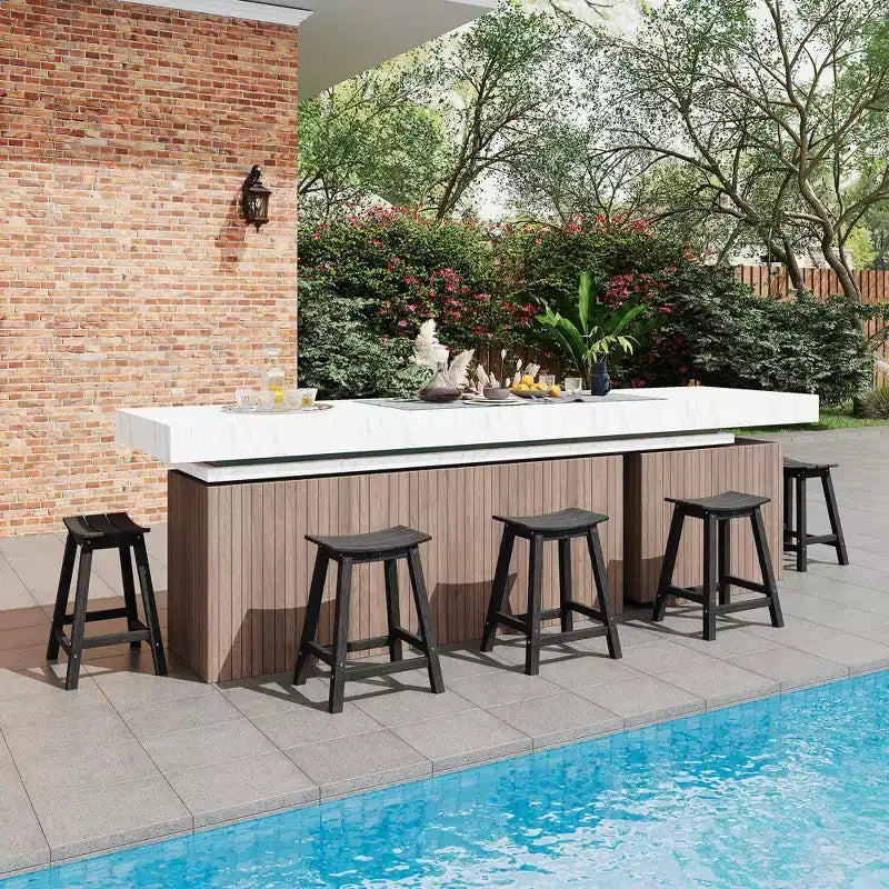 Set of 2 Outdoor Bar Stools, 24 Counter Height Weather-Resistant Chairs with Footrest for Patio, Deck & Kitchen - Black