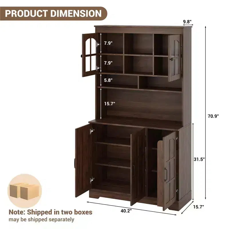 70.9" Tall Pantry Cabinet with Glass Doors, Kitchen Storage with Hutch for Dining Room and Living Room
