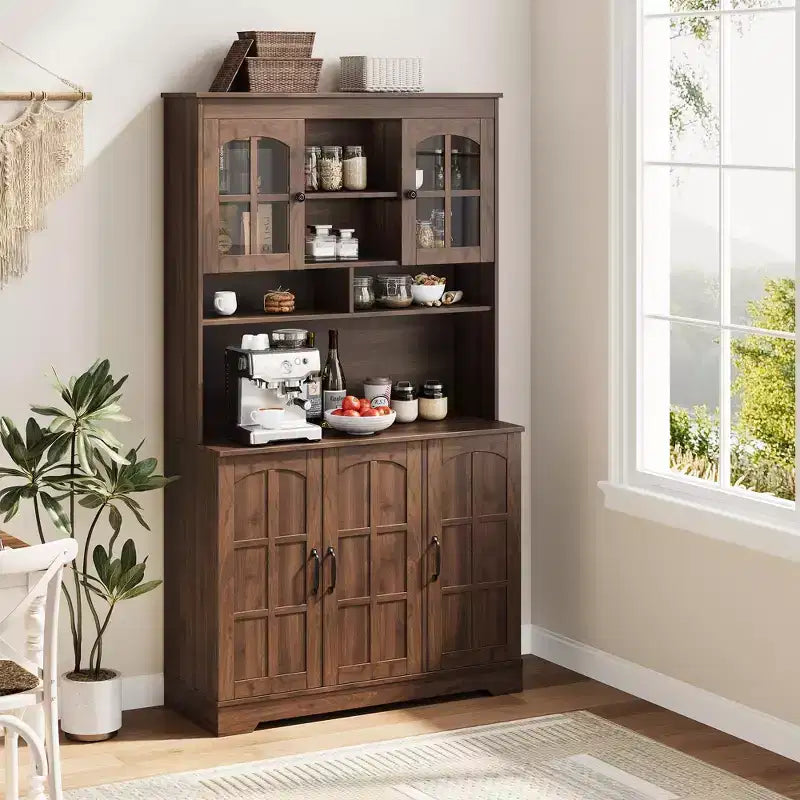 70.9" Tall Pantry Cabinet with Glass Doors, Kitchen Storage with Hutch for Dining Room and Living Room