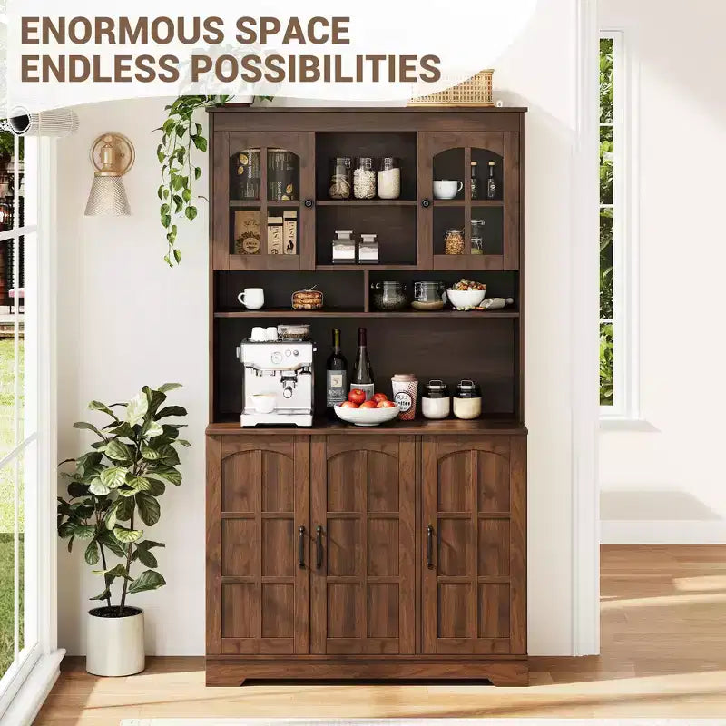 70.9" Tall Pantry Cabinet with Glass Doors, Kitchen Storage with Hutch for Dining Room and Living Room