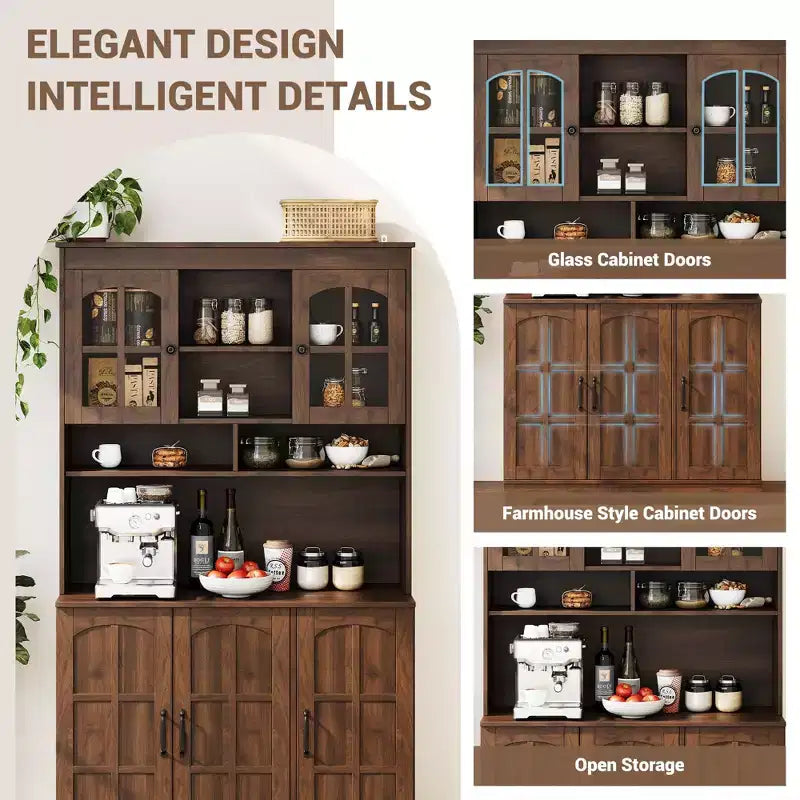 70.9" Tall Pantry Cabinet with Glass Doors, Kitchen Storage with Hutch for Dining Room and Living Room