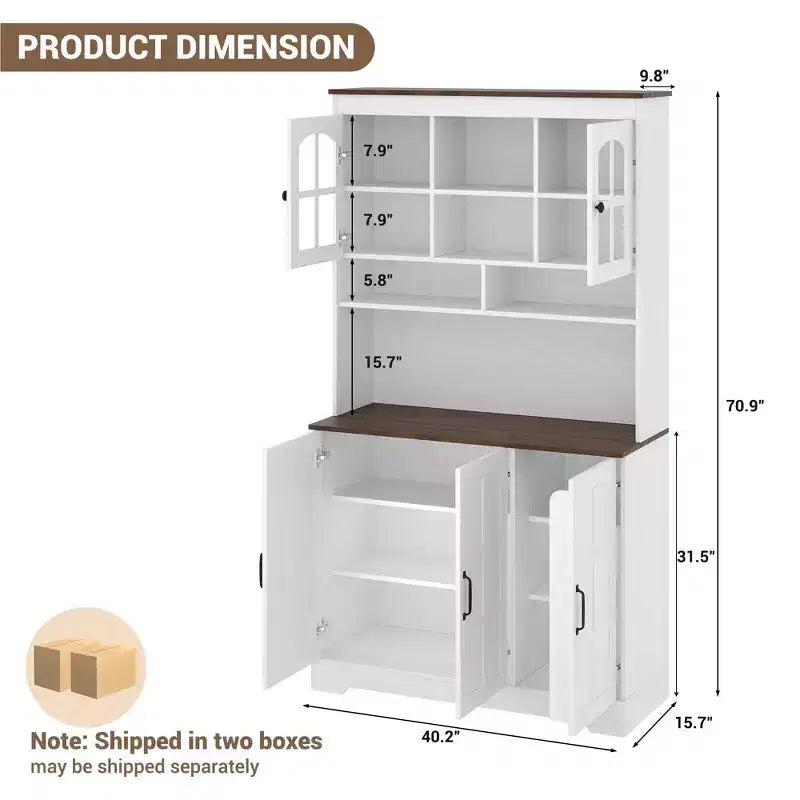 70.9" Tall Pantry Cabinet with Glass Doors, Kitchen Storage with Hutch for Dining Room and Living Room