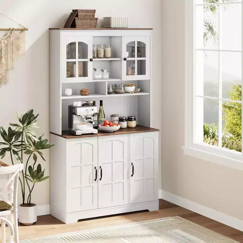70.9" Tall Pantry Cabinet with Glass Doors, Kitchen Storage with Hutch for Dining Room and Living Room