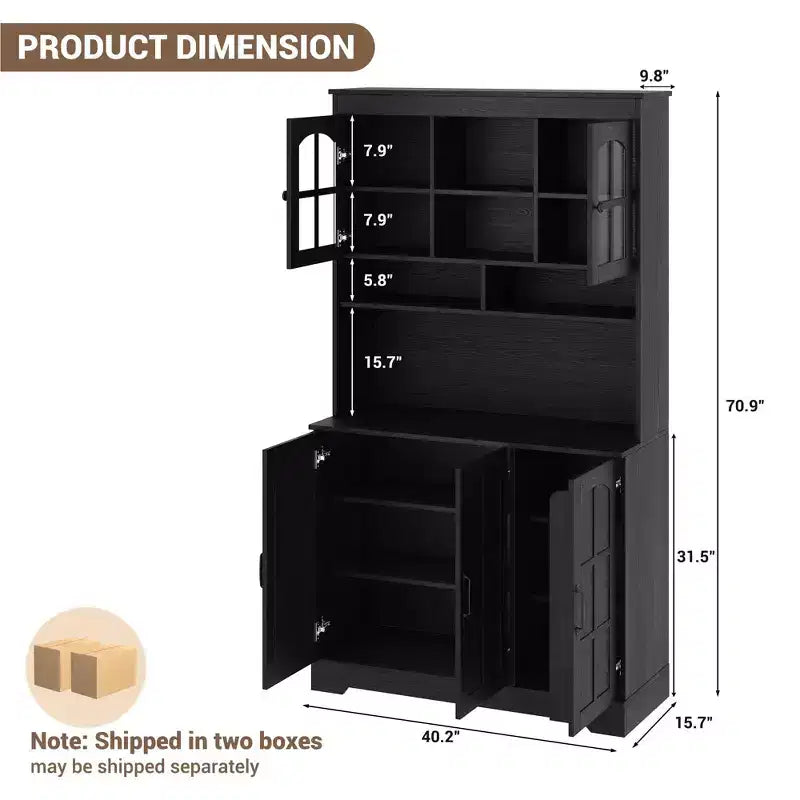 70.9" Tall Pantry Cabinet with Glass Doors, Kitchen Storage with Hutch for Dining Room and Living Room