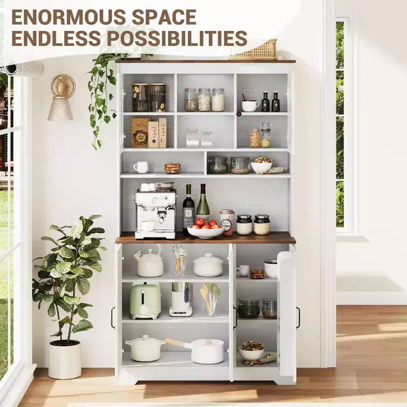 70.9" Tall Pantry Cabinet with Glass Doors, Kitchen Storage with Hutch for Dining Room and Living Room
